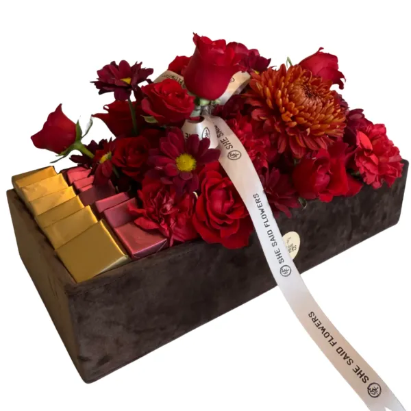 Plateau Royal Wedding L - Coffret Cadeau Luxueux pour la Mariée – Velours, Fleurs et Chocolats