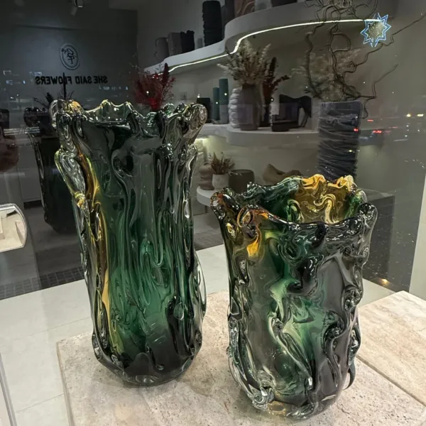 Duo Vases vert émeraude en verre soufflé